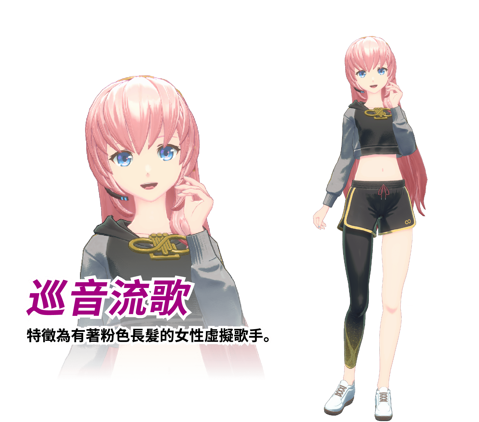 巡音流歌：特徵為有著粉色長髮的女性虛擬歌手。