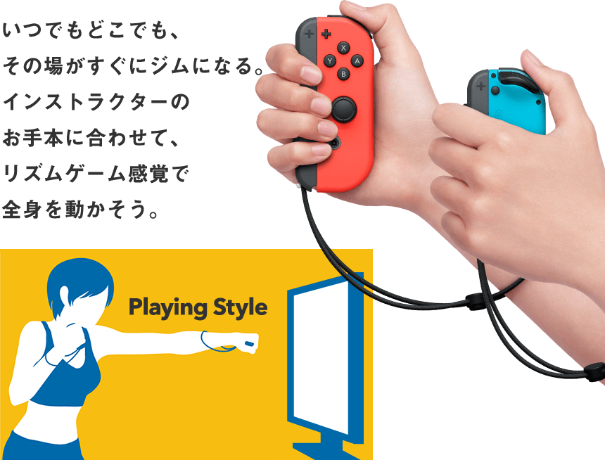 いつでもどこでも、その場がすぐにジムになる。インストラクターのお手本に合わせて、リズムゲーム感覚で全身を動かそう。